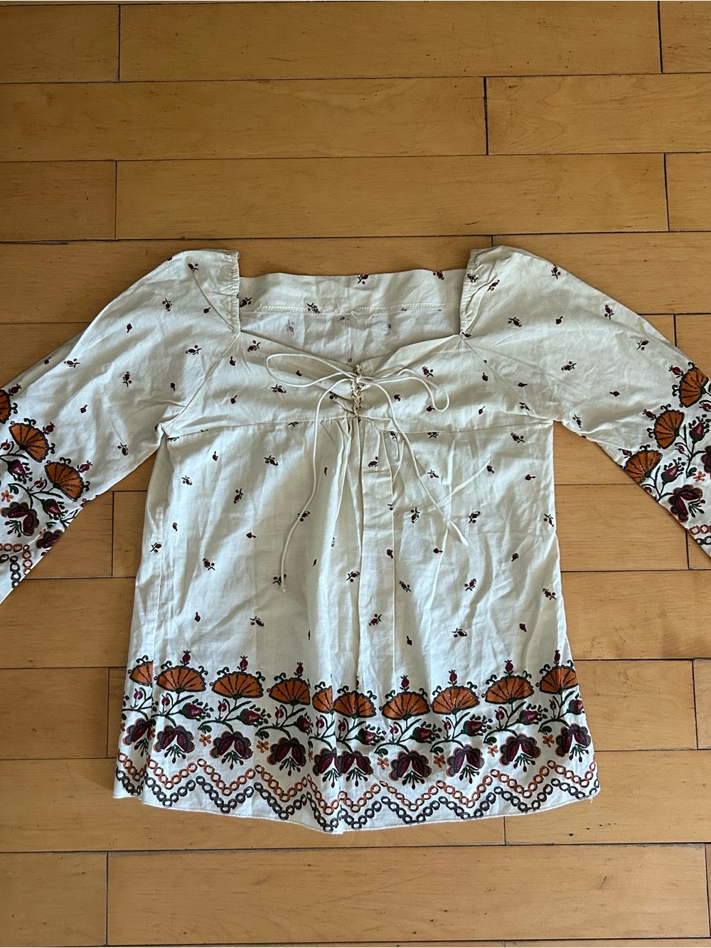 Cream Embroidered Peasant Tunic with Orange Floral Border